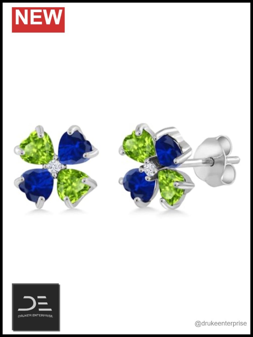 3.15 Cttw Green Peridot & Blue Sapphire Heart Earrings 925 Sterling Silver